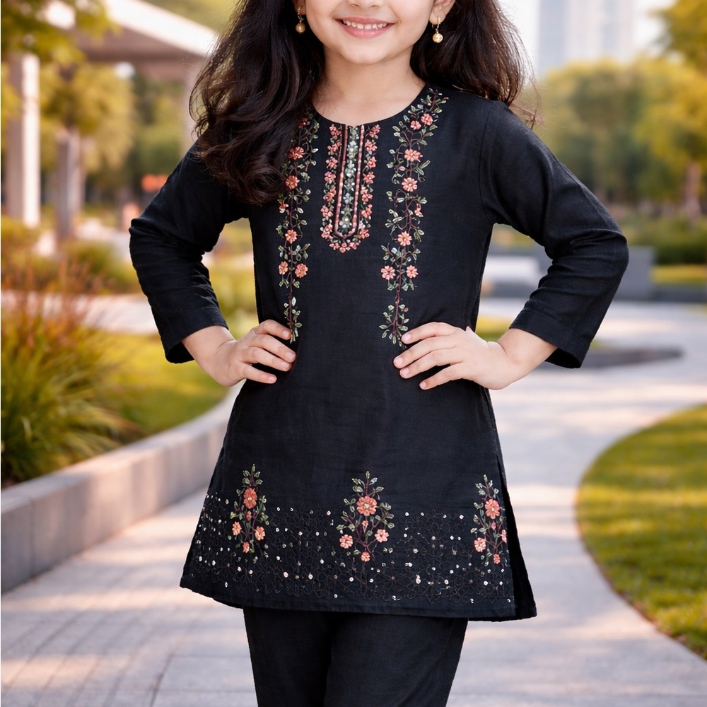 Eid Black Embroidered Girls Tunic with Pink Floral Detail